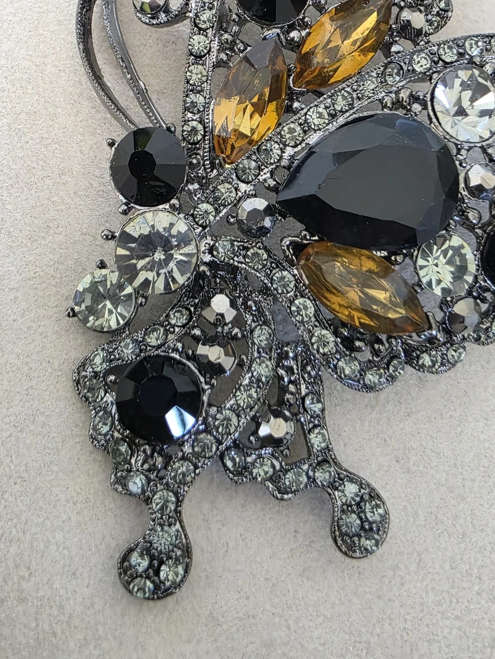 Statement Gunmetal Silver Butterfly Brooch Pin / Pendant Black & Amber Crystals